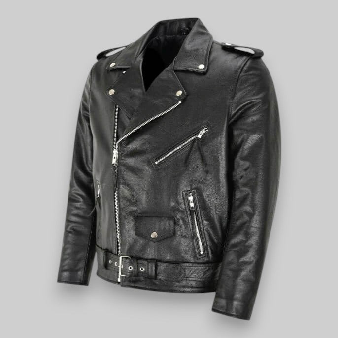 Giacca di pelle da uomo biker con cintura e zip in metallo, chiodo stile moto - foto 3