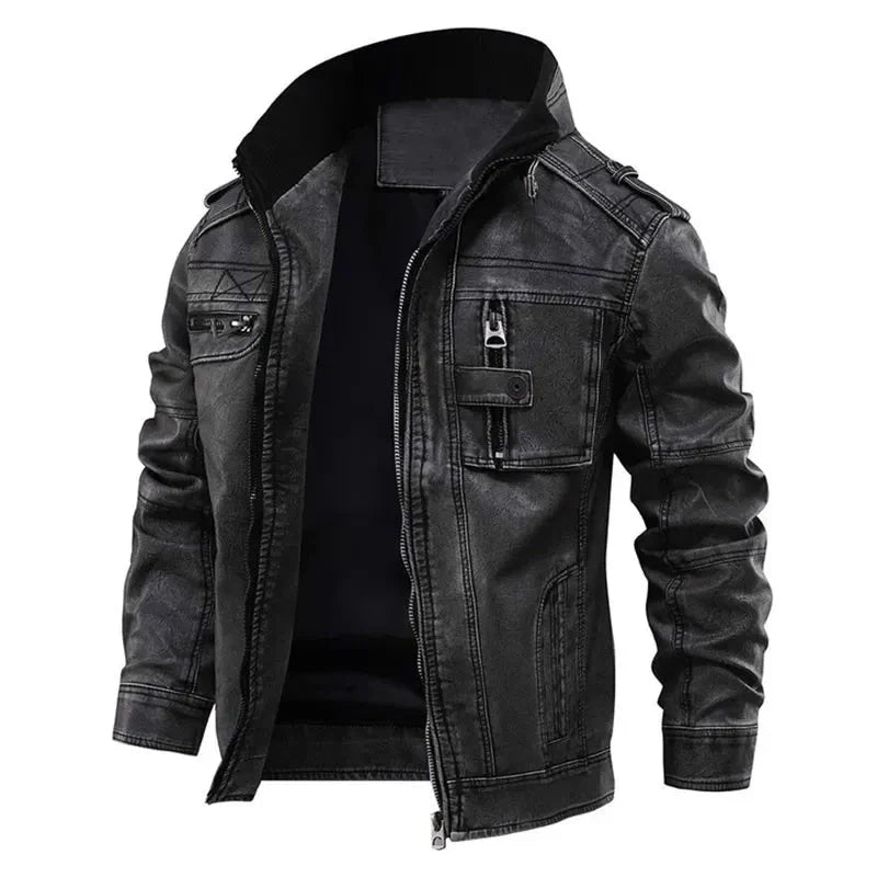 Giacca di pelle da uomo con collo alla coreana, casual ed elegante per autunno e inverno - Nero