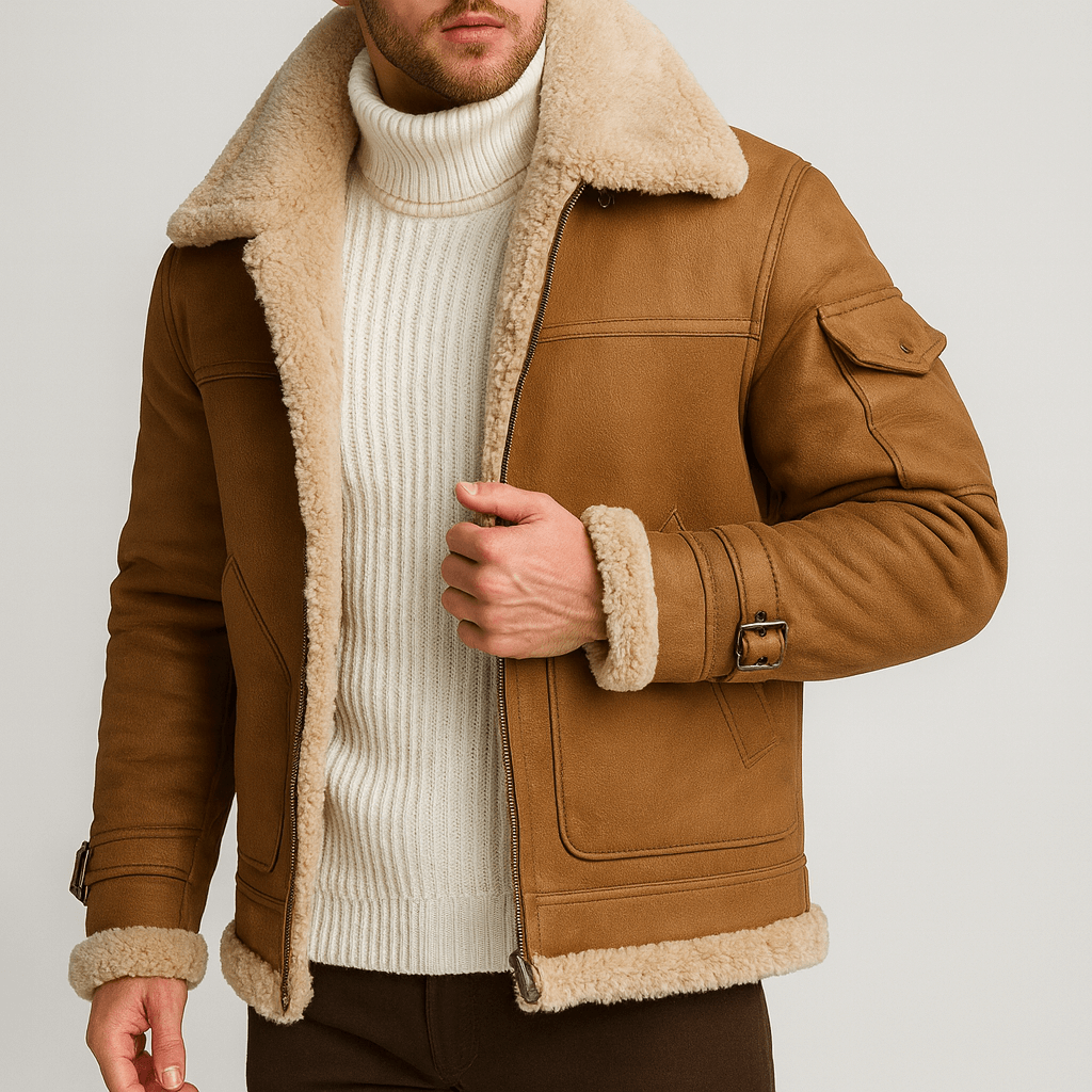 Giacca di pelle da uomo con pelliccia e tasche, stile aviatore invernale - giubbotto in pelle con collo in montone - Marrone