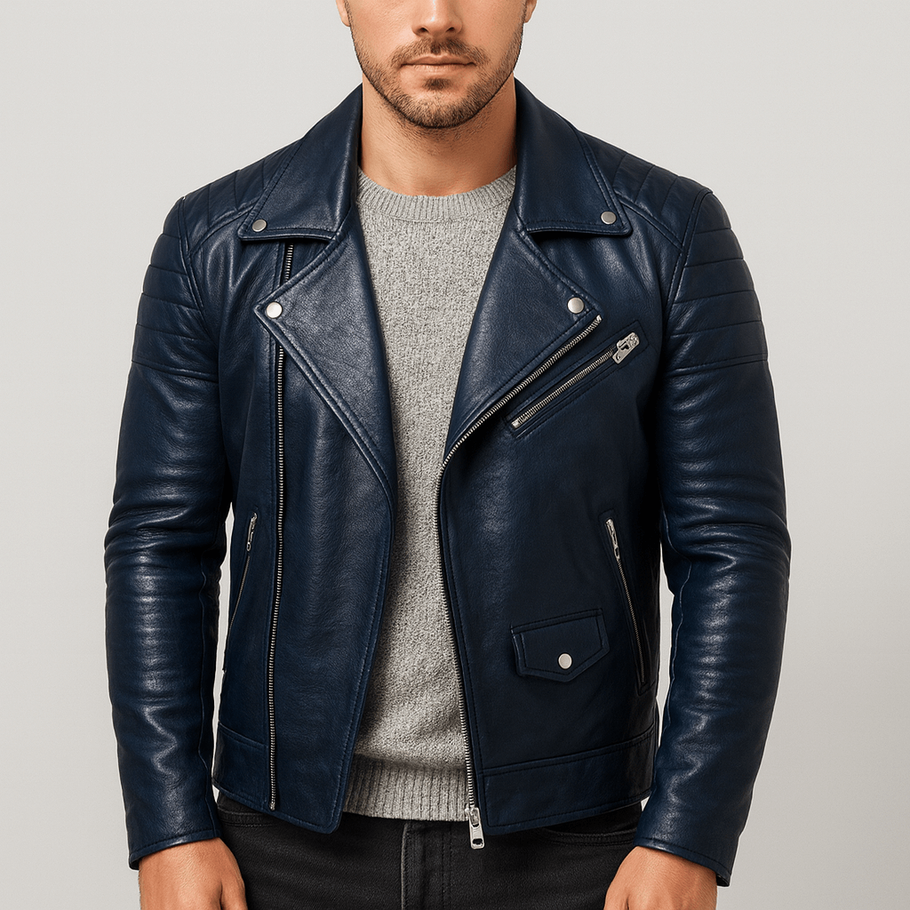Giacca di pelle da uomo stile biker con zip, chiodo casual - giubbotto in pelle uomo - Blu