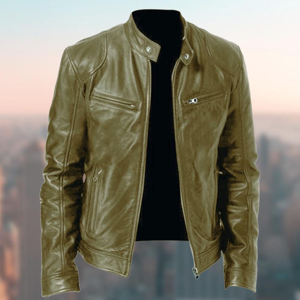 Giacca in pelle da uomo elegante con collo alla coreana, stile biker e casual - giubbotto in pelle - foto 10