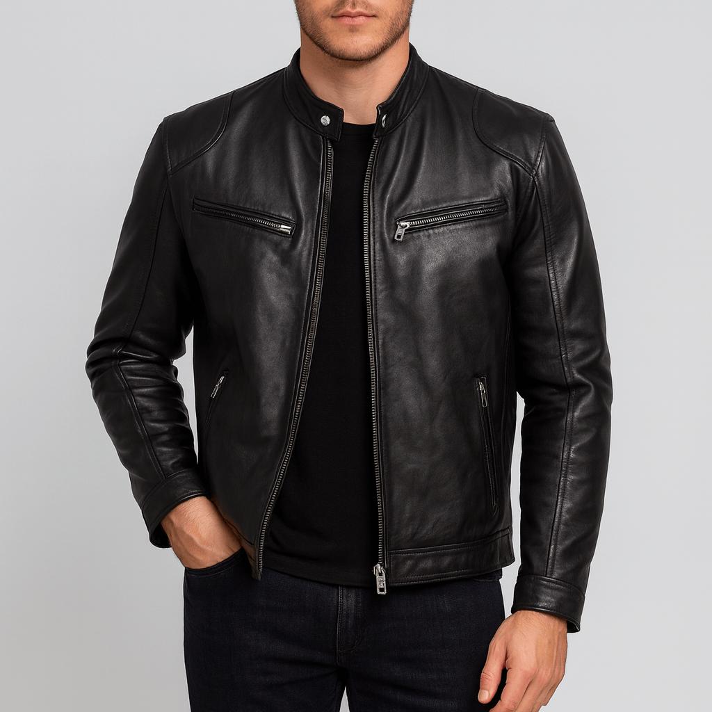 Giacca in pelle da uomo elegante con collo alla coreana, stile biker e casual - giubbotto in pelle - Nero