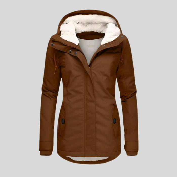 Giacca invernale da donna lunga con cappuccio e fodera calda in pile, casual - Marrone