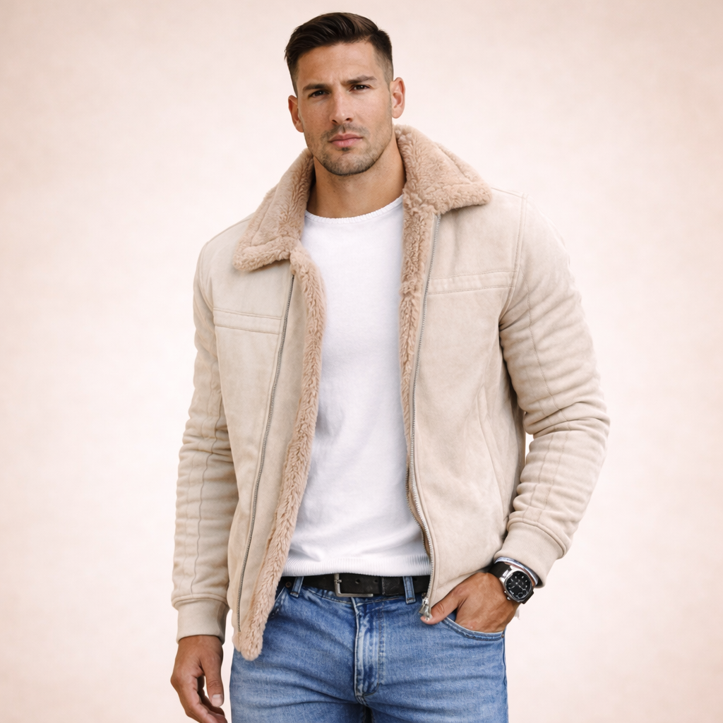 Giacca invernale da uomo con montone sintetico, scamosciata e taglio casual - Beige