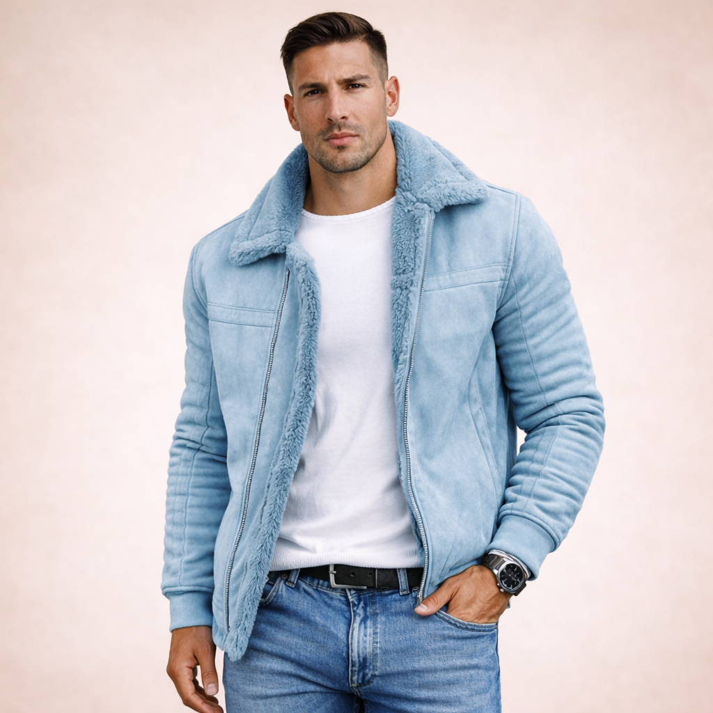 Giacca invernale da uomo con montone sintetico, scamosciata e taglio casual - Blu