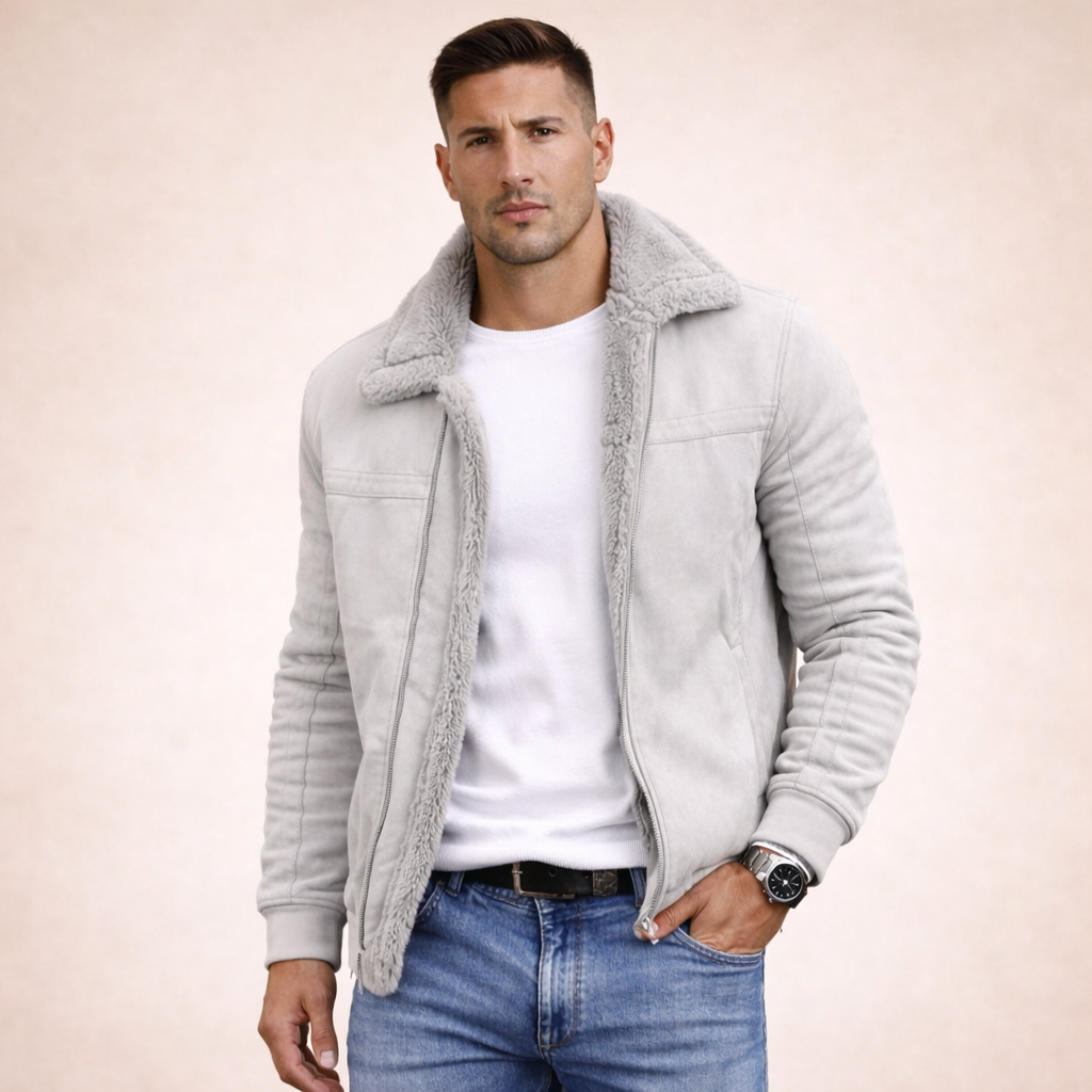 Giacca invernale da uomo con montone sintetico, scamosciata e taglio casual - Grigio