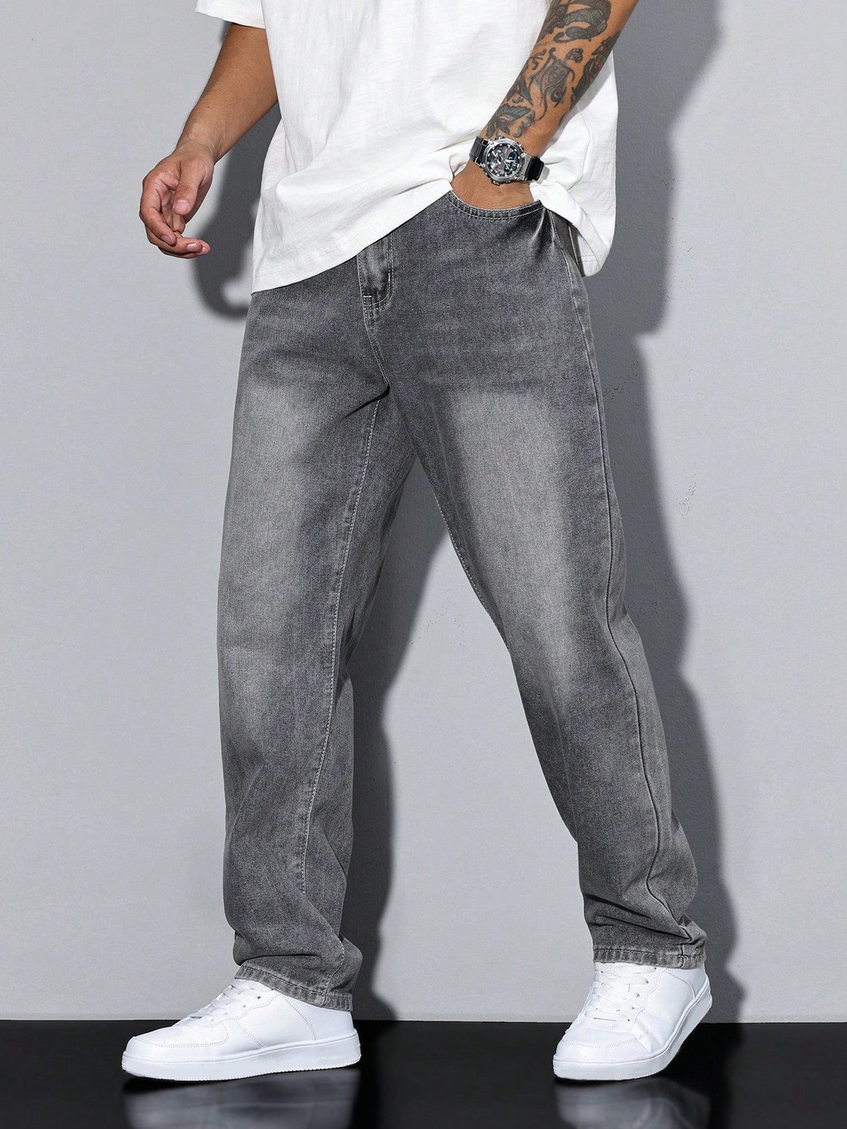Jeans baggy da uomo larghi a gamba dritta con effetto washed, casual streetwear - view 9