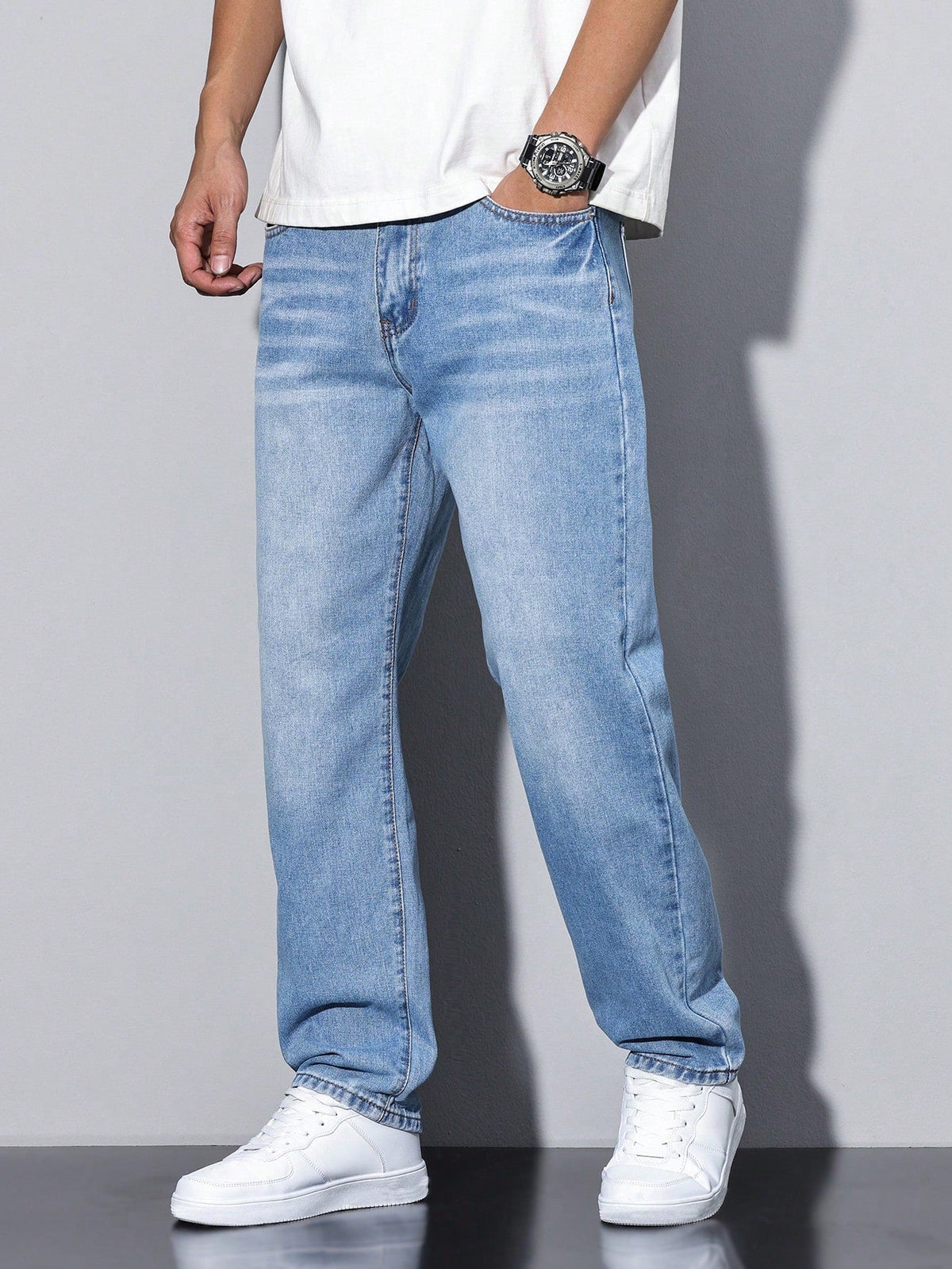 Jeans baggy da uomo larghi a gamba dritta con effetto washed, casual streetwear - Azzurro