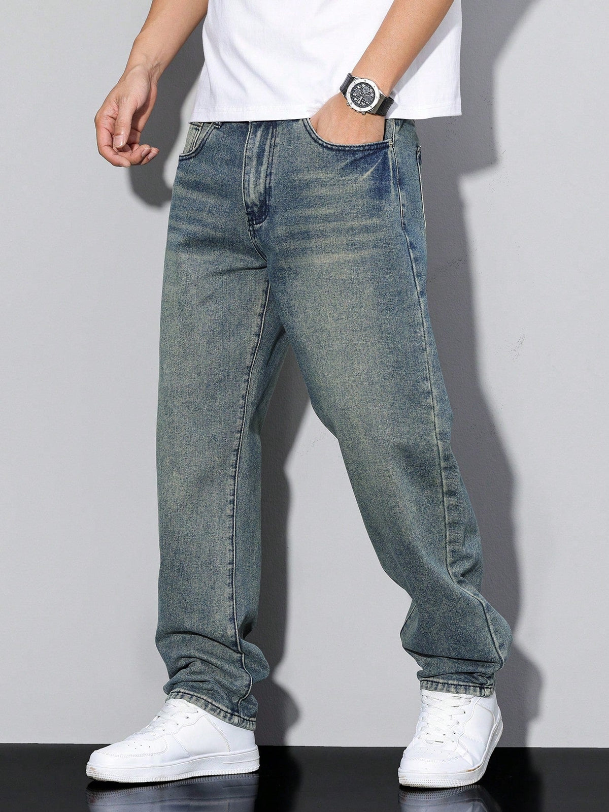 Jeans baggy da uomo larghi a gamba dritta con effetto washed, casual streetwear - Verde petrolio