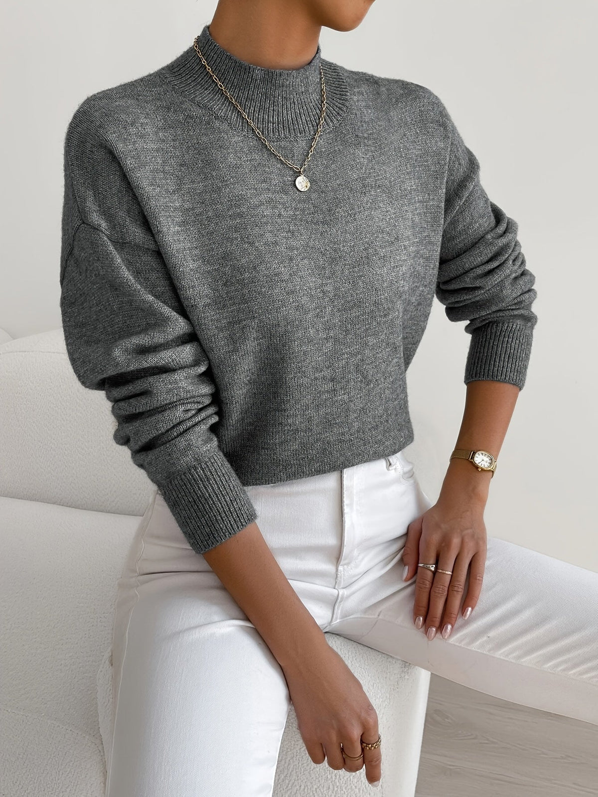 Maglione a collo alto da donna in morbida maglia, a manica lunga, per ufficio e tempo libero - Grigio scuro