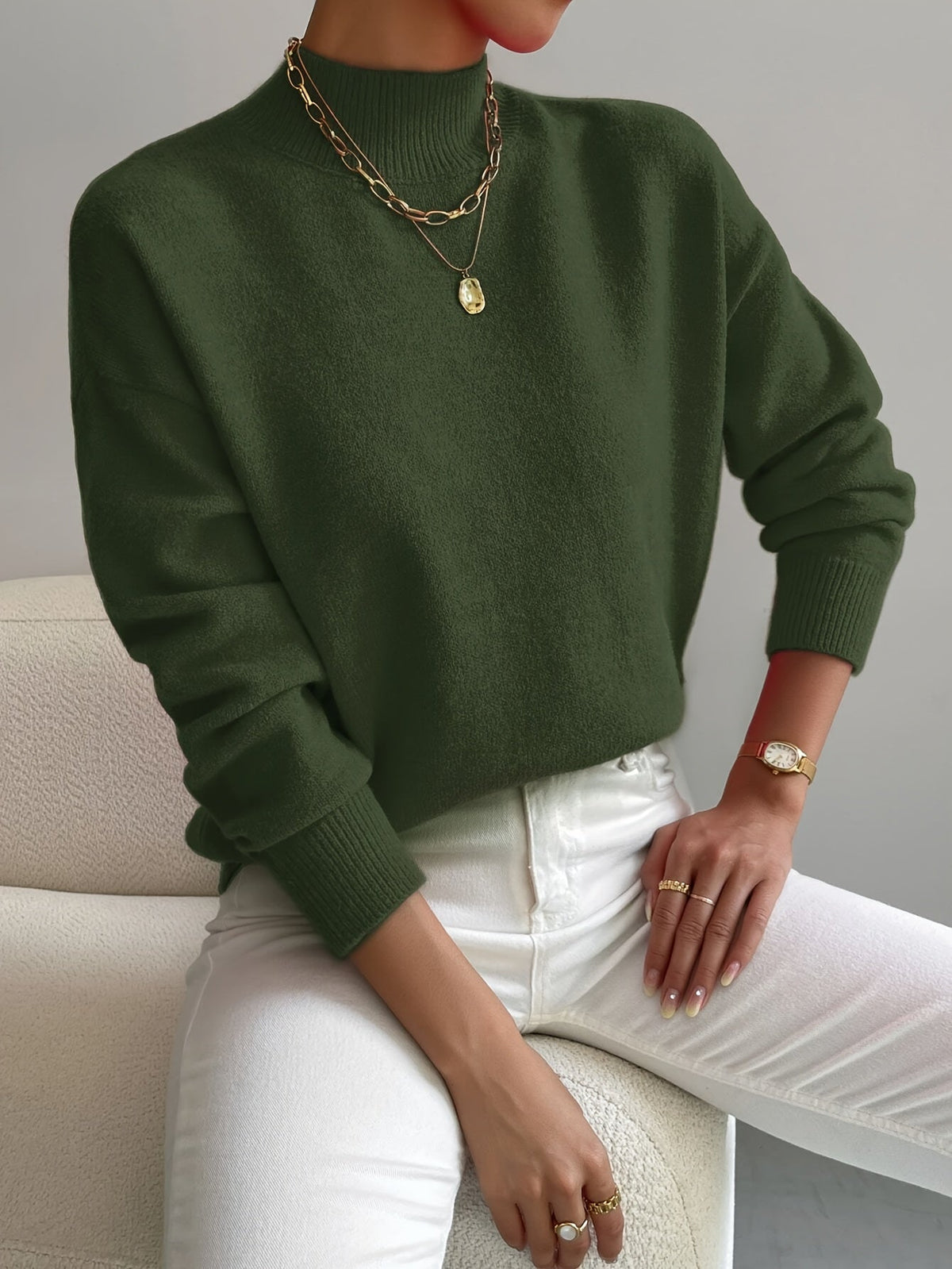 Maglione a collo alto da donna in morbida maglia, a manica lunga, per ufficio e tempo libero - Verde