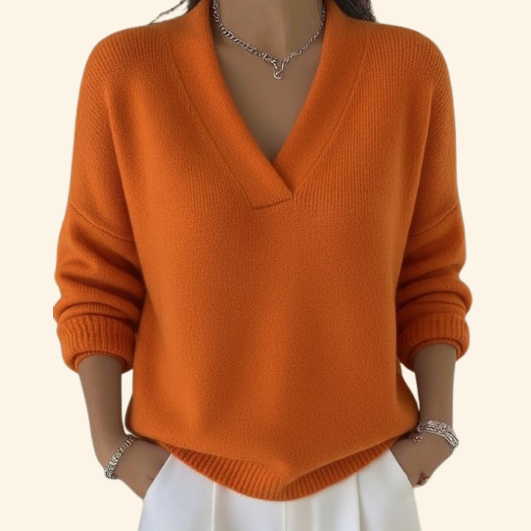 Maglione da donna con scollo a V, in morbida maglia a manica lunga, elegante - Arancione