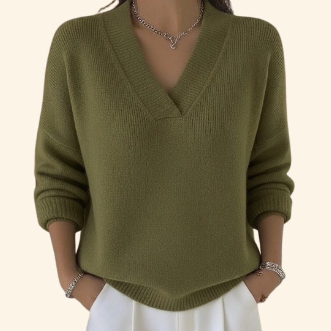 Maglione da donna con scollo a V, in morbida maglia a manica lunga, elegante - Verde