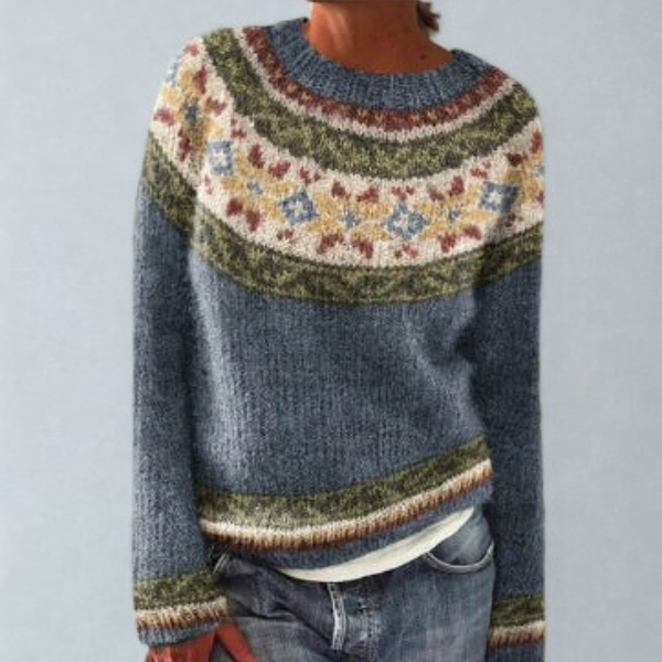 Maglione da donna in maglia con fantasia, girocollo e maniche lunghe, per l'autunno e l'inverno - Blu