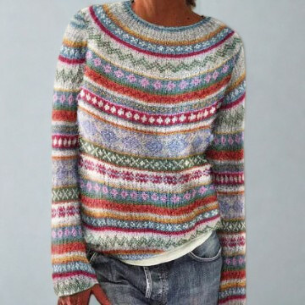 Maglione da donna in maglia con fantasia, girocollo e maniche lunghe, per l'autunno e l'inverno - Multicolore