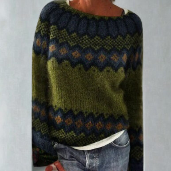Maglione da donna in maglia con fantasia, girocollo e maniche lunghe, per l'autunno e l'inverno - Verde