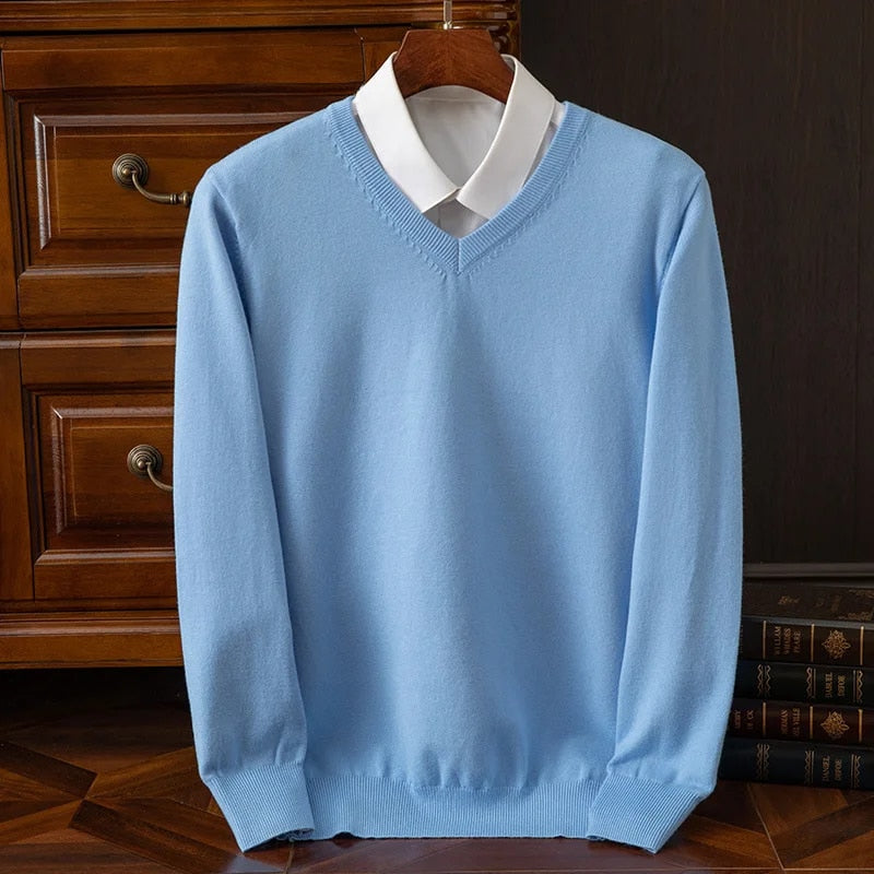 Maglione da uomo in misto cashmere con scollo a V, elegante per l'ufficio e il tempo libero - Azzurro
