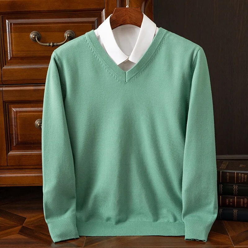 Maglione da uomo in misto cashmere con scollo a V, elegante per l'ufficio e il tempo libero - Verde