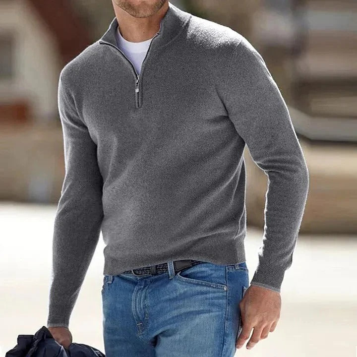 Maglione di cashmere da uomo con mezza zip e collo alto, a manica lunga per l'inverno - Grigio