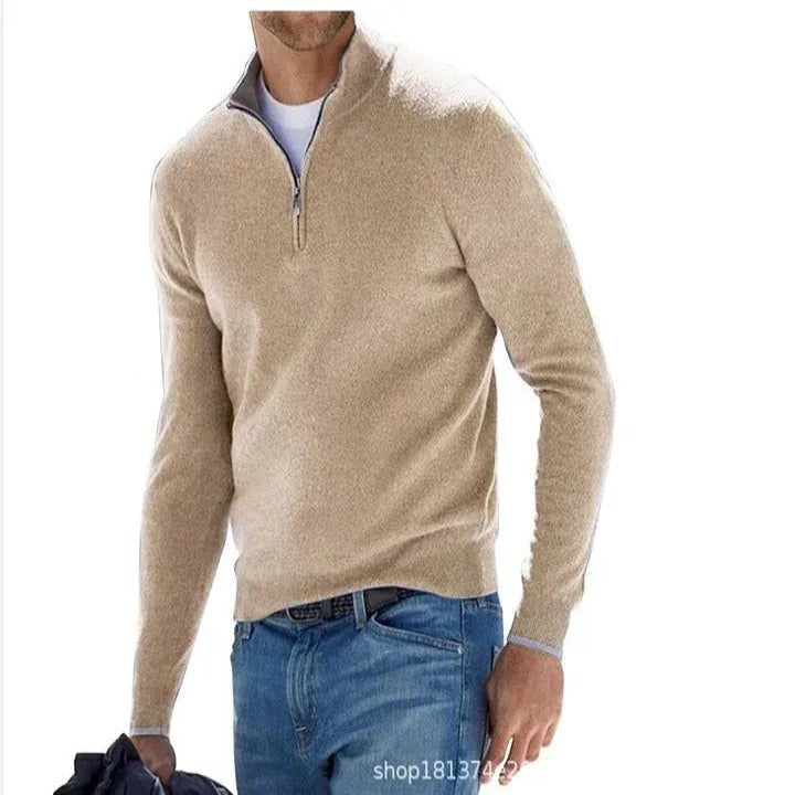 Maglione di cashmere da uomo con mezza zip e collo alto, a manica lunga per l'inverno - Kaki