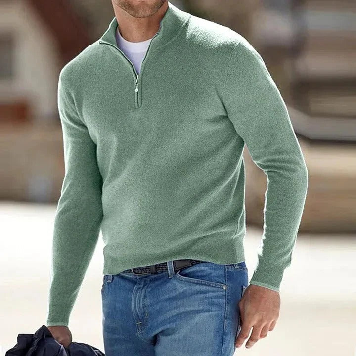 Maglione di cashmere da uomo con mezza zip e collo alto, a manica lunga per l'inverno - Verde