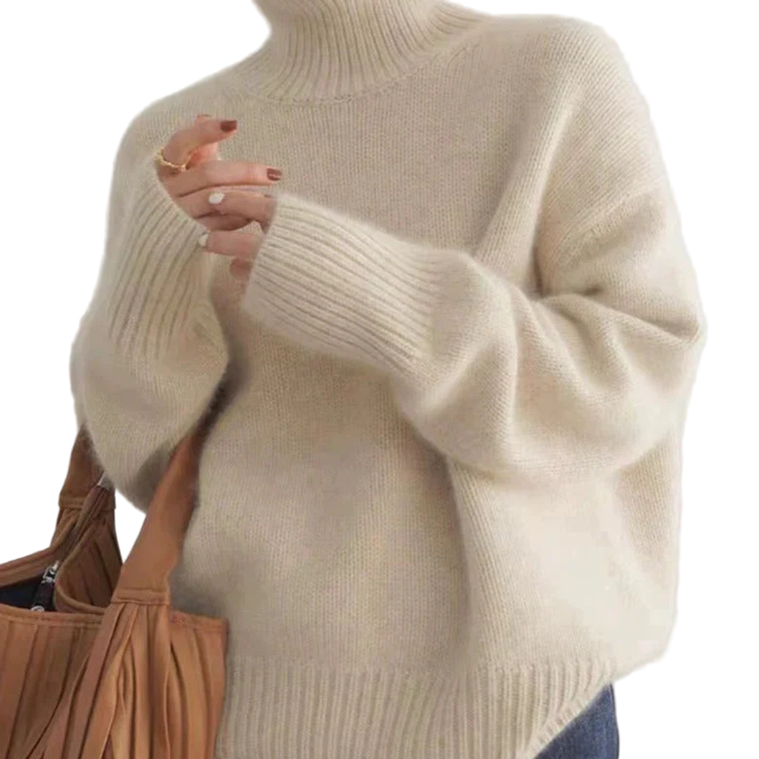 Maglione dolcevita da donna in misto cashmere, morbido e leggero a maniche lunghe - Beige