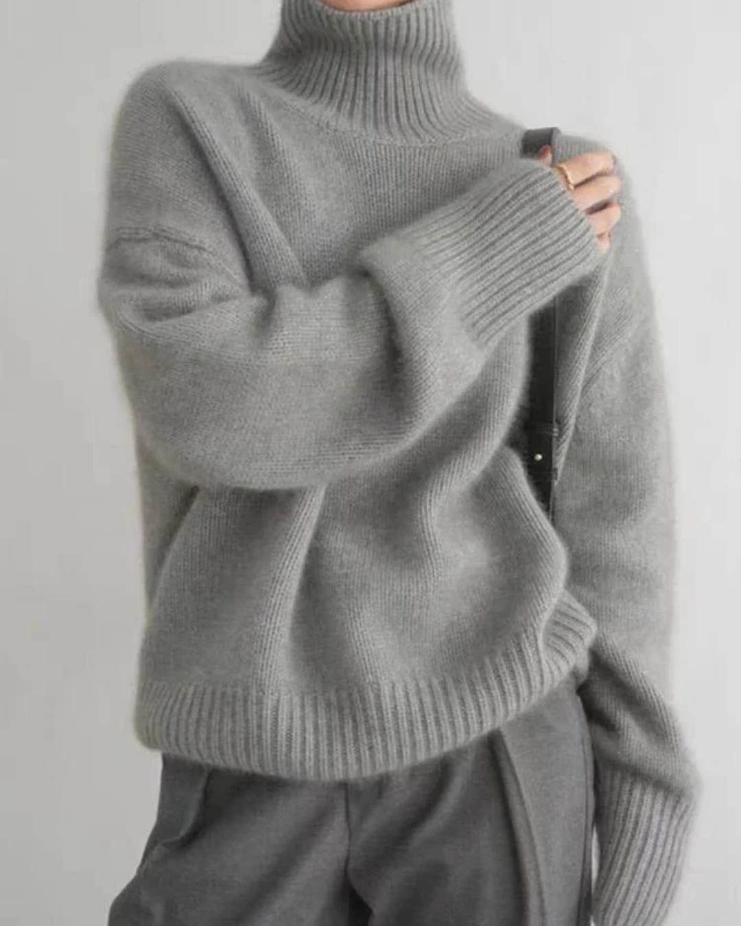 Maglione dolcevita da donna in misto cashmere, morbido e leggero a maniche lunghe - Grigio