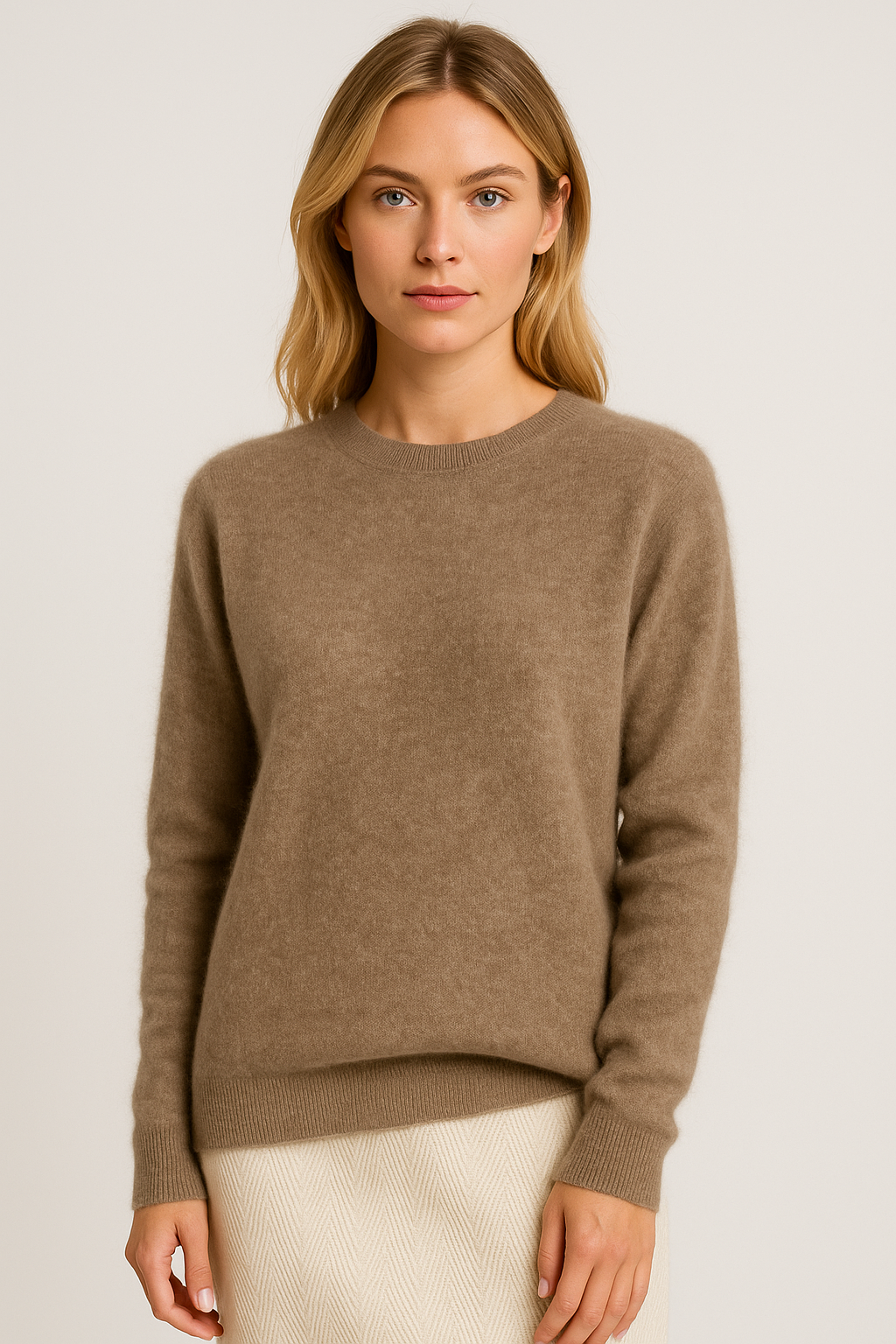 Maglione girocollo da donna in misto cashmere, morbido e caldo per l'inverno - Kaki