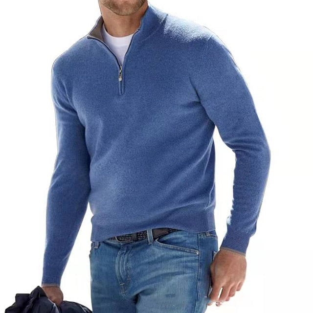 Maglione invernale di lana merino da uomo con mezza zip e collo alto, casual - Blu