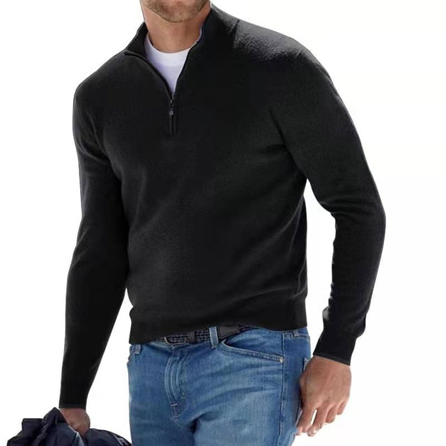 Maglione invernale di lana merino da uomo con mezza zip e collo alto, casual - Nero