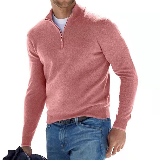 Maglione invernale di lana merino da uomo con mezza zip e collo alto, casual - Rosa