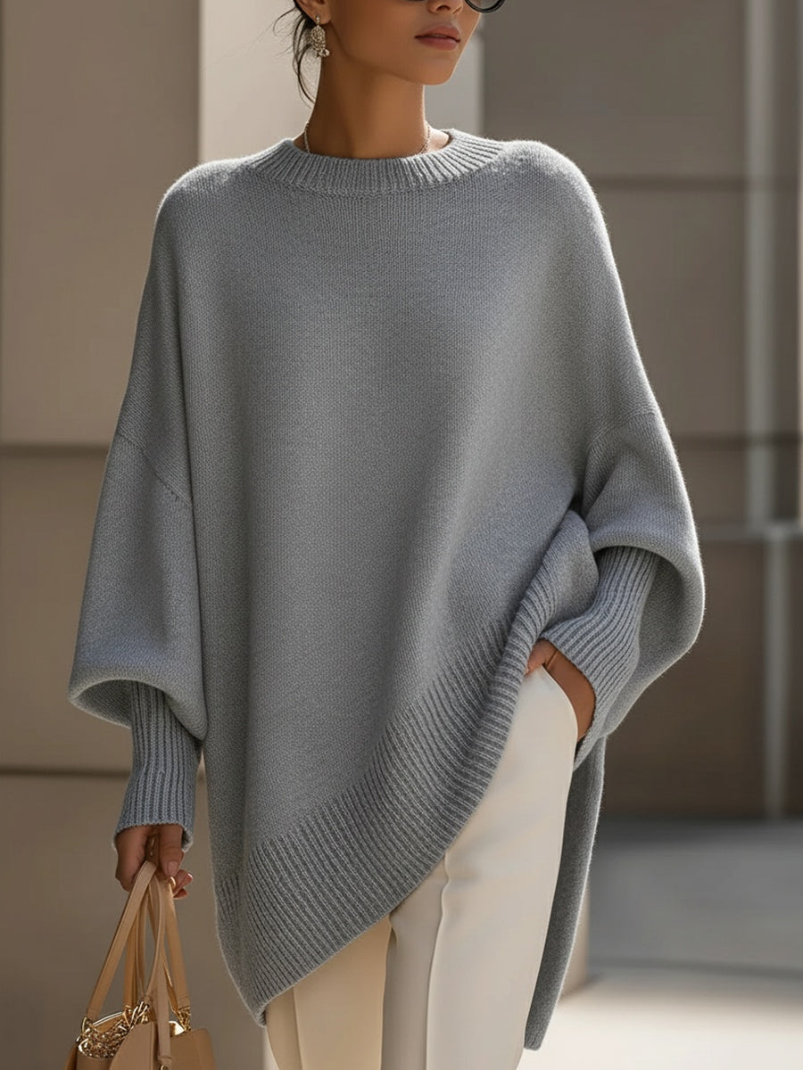 Maglione oversize da donna in misto lana con orlo asimmetrico, ideale per l'autunno e l'inverno - Grigio