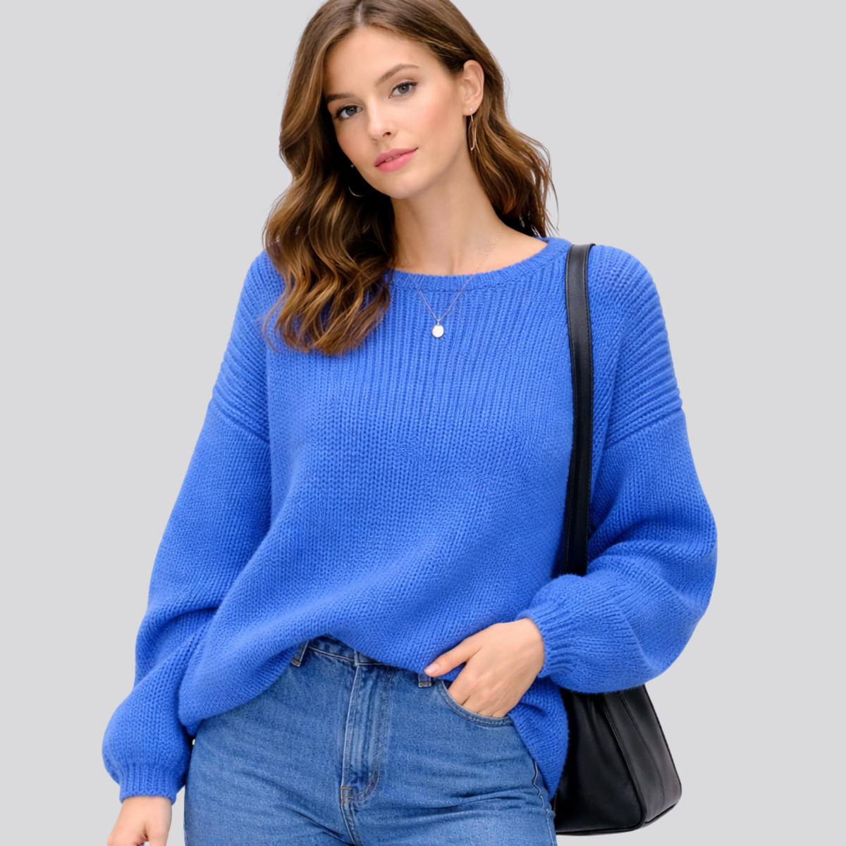 Maglione oversize da donna in misto lana con scollo a barchetta, caldo e morbido per l'inverno - Blu