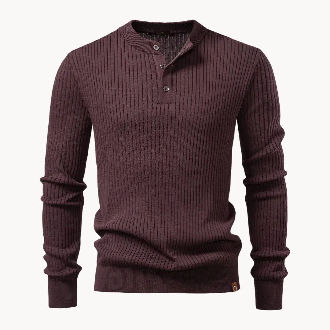Maglione uomo girocollo con bottoni e maniche lunghe, a costine, casual - Marrone castagna