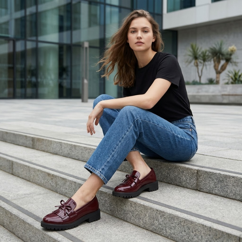 Mocassini da donna con nappe e fiocco, effetto vernice, eleganti slip-on - foto 8