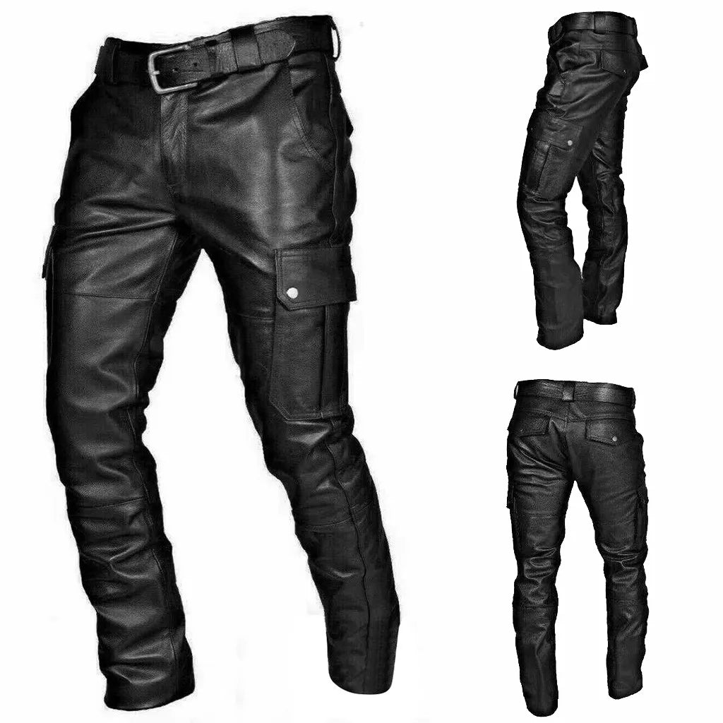 Pantaloni in pelle da uomo slim fit, stile moto con tasche cargo laterali - view 3