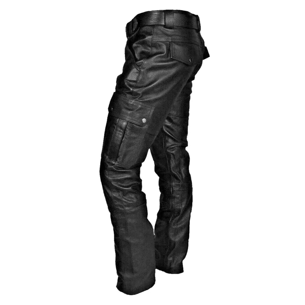 Pantaloni in pelle da uomo slim fit, stile moto con tasche cargo laterali - view 4