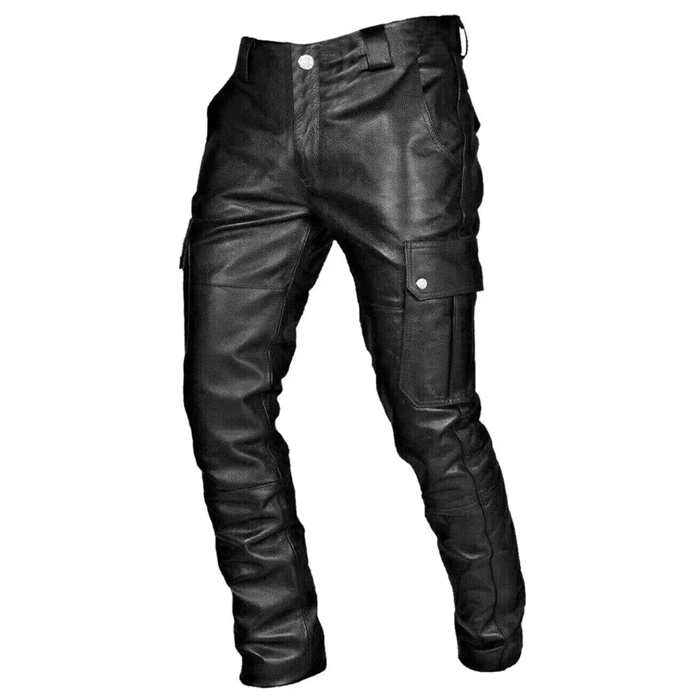 Pantaloni in pelle da uomo slim fit, stile moto con tasche cargo laterali - Nero