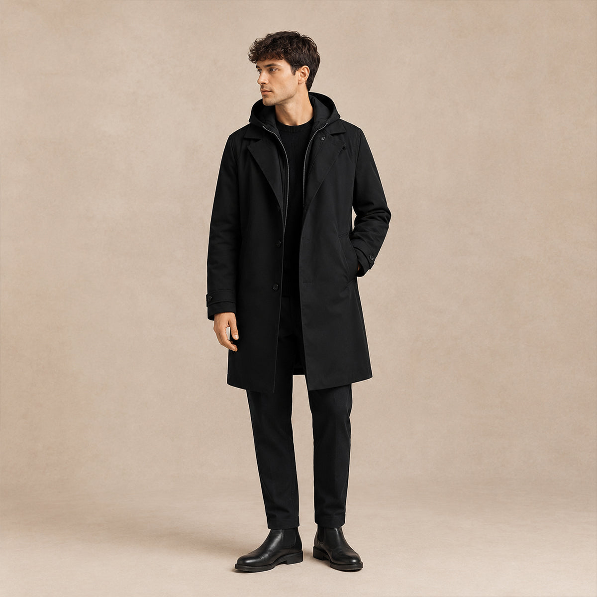 Parka da uomo con cappuccio, giacca di mezza stagione per primavera e autunno - Nero