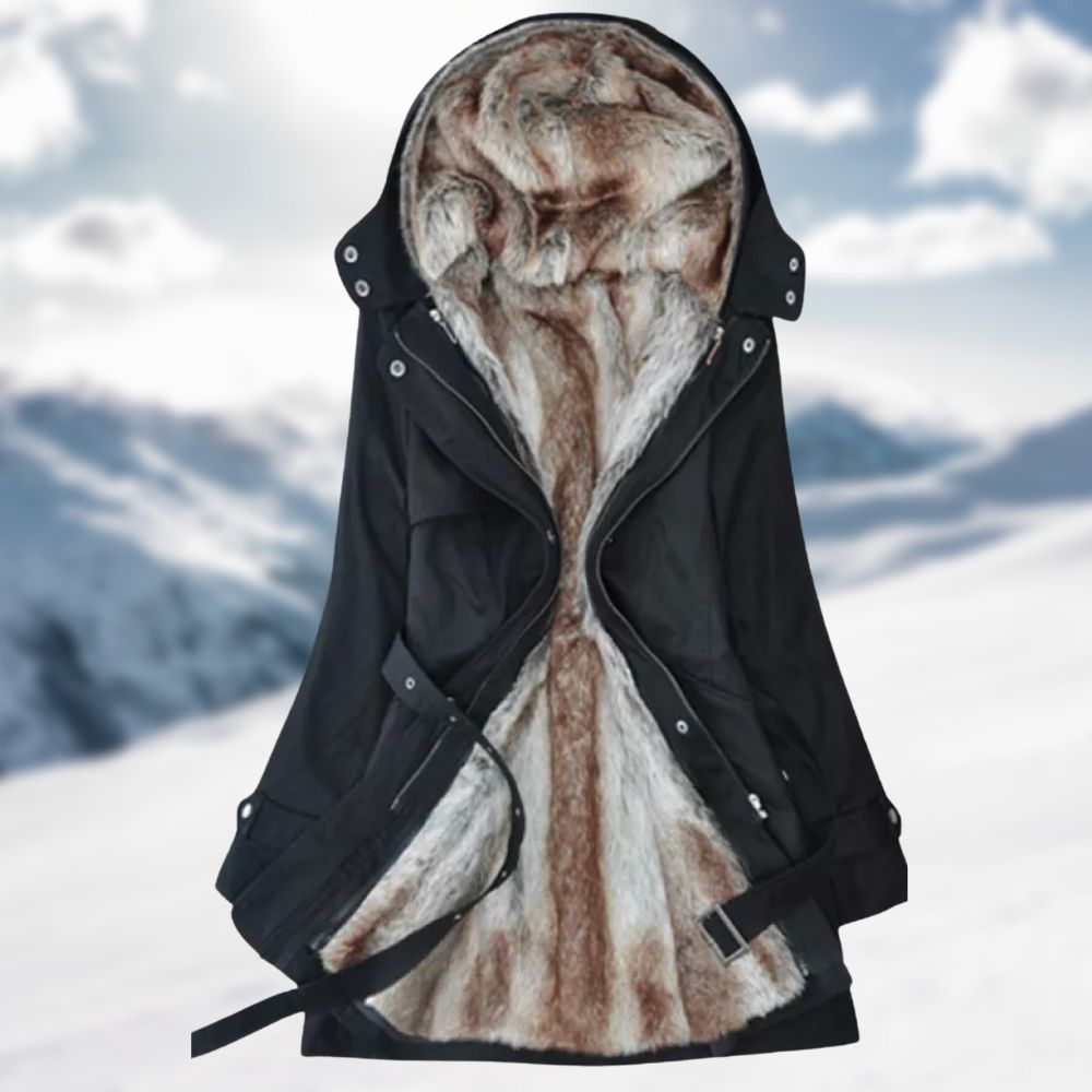 Parka invernale da donna con cappuccio e cintura, foderato in pelo sintetico, mezza lunghezza - Nero