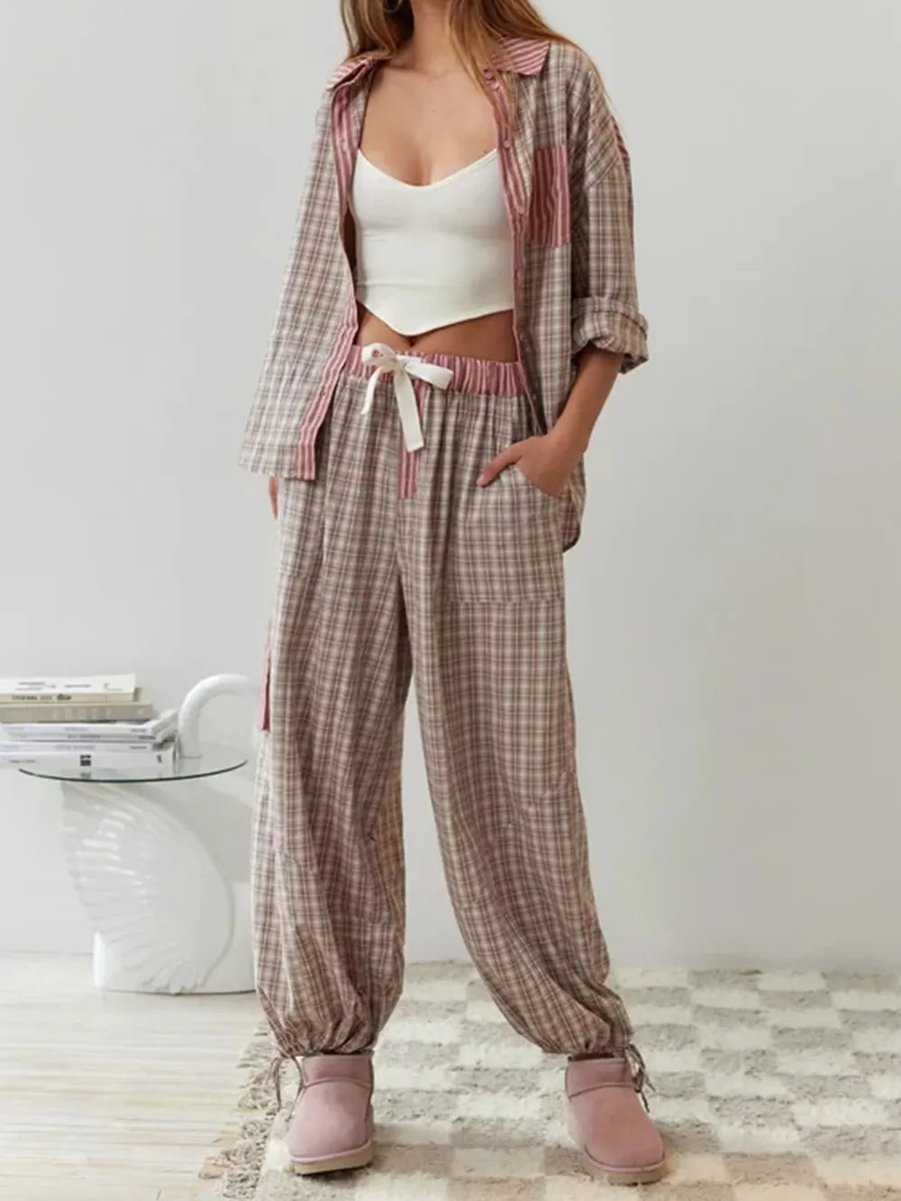 Pigiama donna in cotone a due pezzi, camicia oversize a quadri e righe con pantaloni lunghi, per l'autunno - view 6