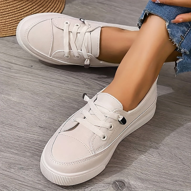 Sneakers donna basse in tela con lacci, scarpe da ginnastica casual - Beige