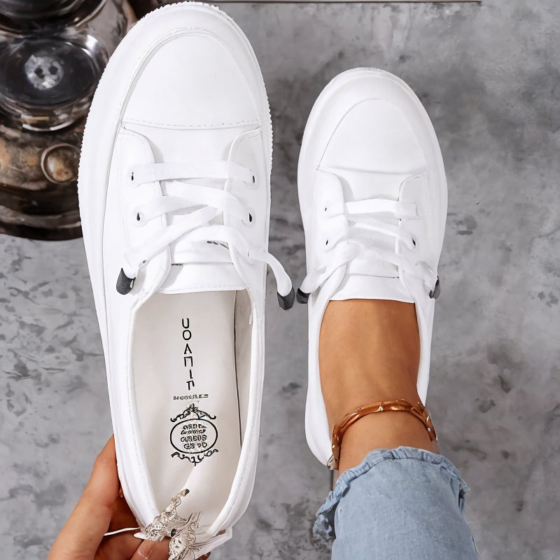 Sneakers donna basse in tela con lacci, scarpe da ginnastica casual - Bianco