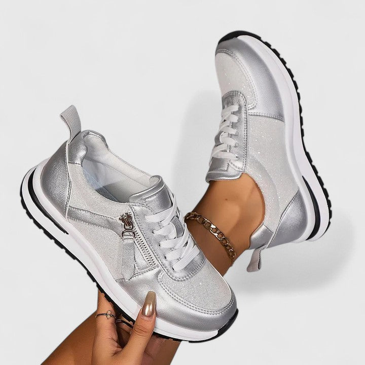 Sneakers donna eleganti e comode con zeppa interna e chiusura a zip - Argento