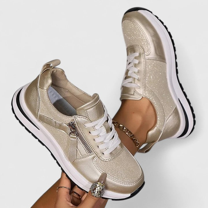 Sneakers donna eleganti e comode con zeppa interna e chiusura a zip - Oro