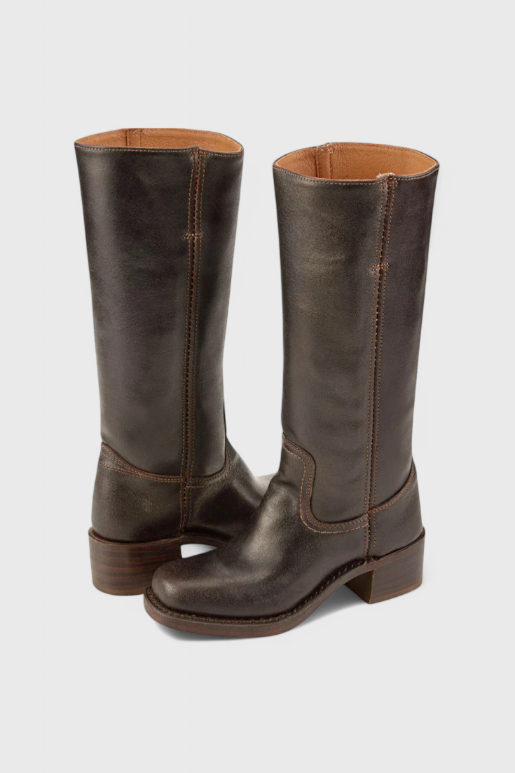 Stivali da donna al ginocchio in pelle con tacco, per l'inverno e le occasioni eleganti - Marrone scuro