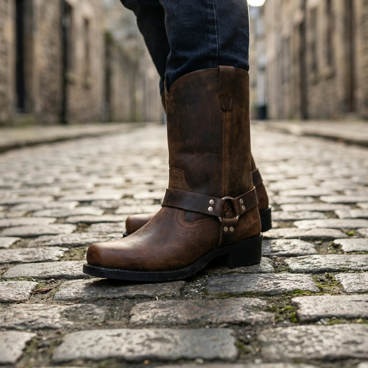 Stivali da uomo western in pelle con fibbia harness, vintage biker e da cowboy - view 4
