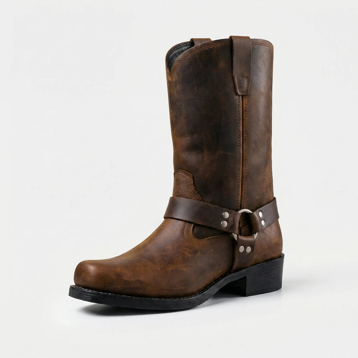 Stivali da uomo western in pelle con fibbia harness, vintage biker e da cowboy - Marrone Cognac