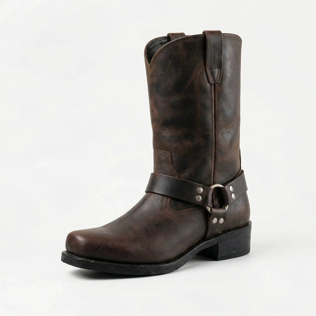 Stivali da uomo western in pelle con fibbia harness, vintage biker e da cowboy - Marrone Quercia