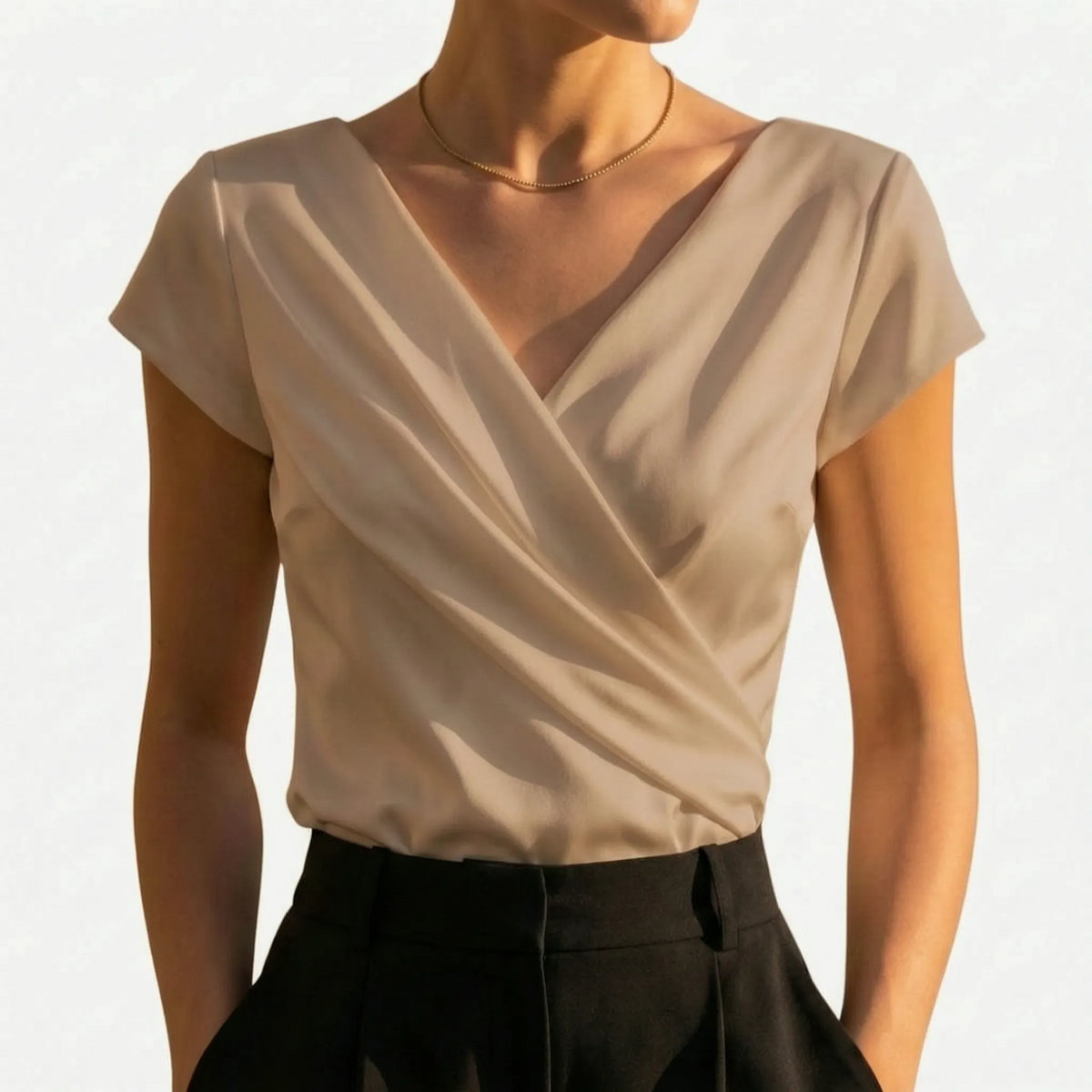 Top incrociato da donna elegante con scollo a V e manica corta, da cerimonia e sottogiacca - Kaki